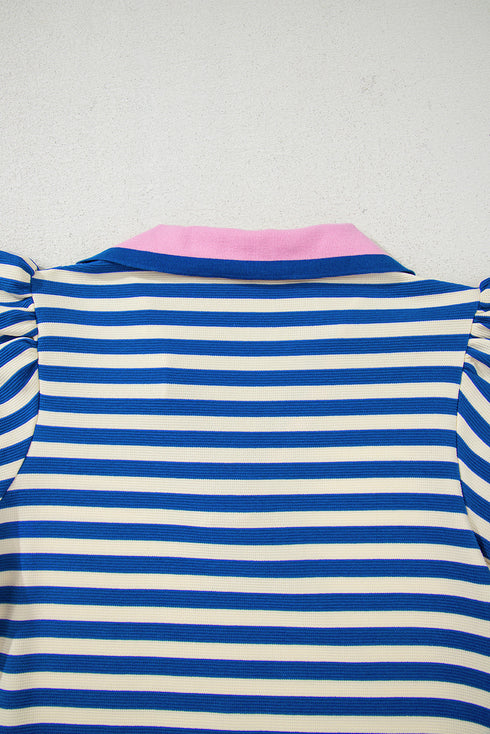 Stripe Print Contrast Collar Flutter Sleeve Mini Dress