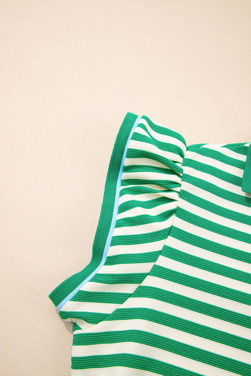 Stripe Print Contrast Collar Flutter Sleeve Mini Dress