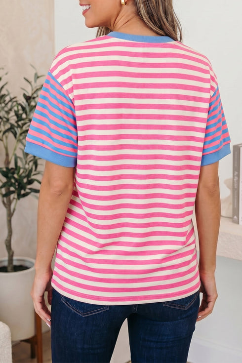 Stripe Print Contrast Patchwork Short Sleeve Loose Tee
