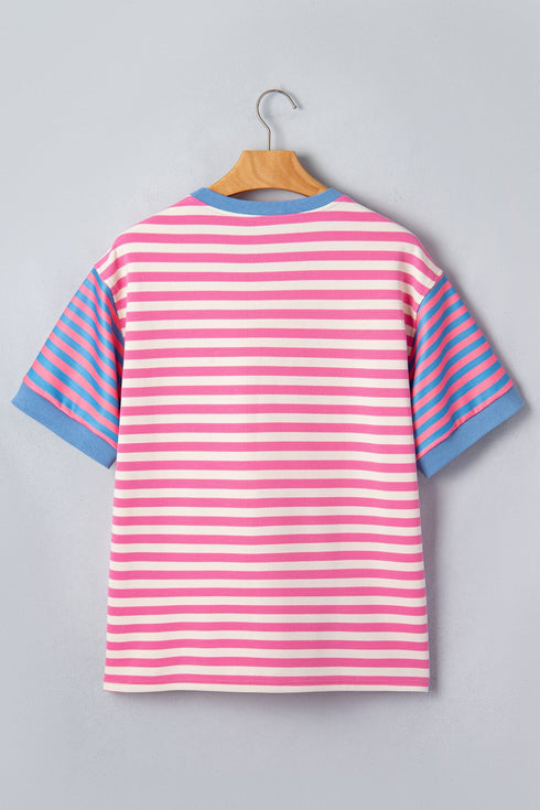 Stripe Print Contrast Patchwork Short Sleeve Loose Tee