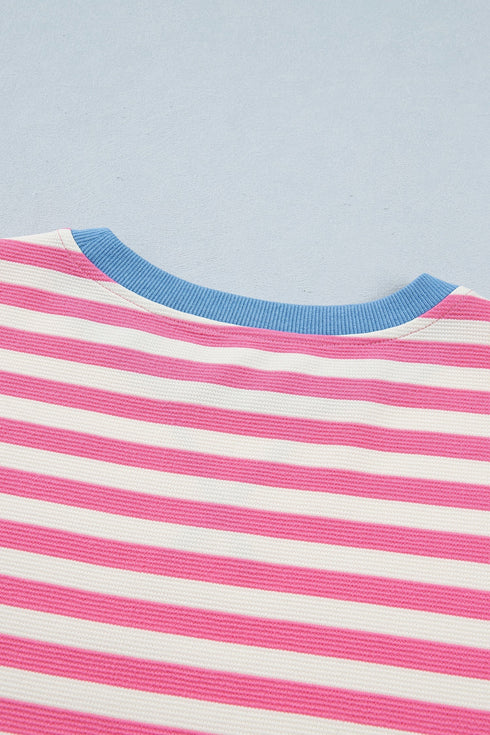 Stripe Print Contrast Patchwork Short Sleeve Loose Tee