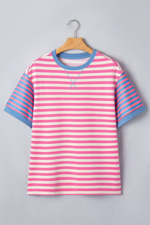 Stripe Print Contrast Patchwork Short Sleeve Loose Tee