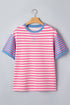 Stripe Print Contrast Patchwork Short Sleeve Loose Tee
