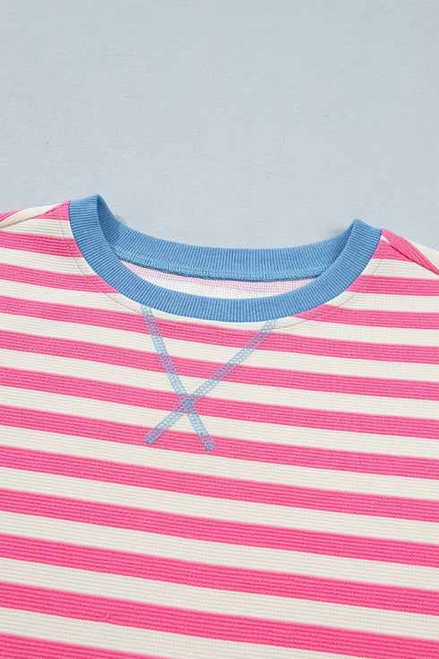 Stripe Print Contrast Patchwork Short Sleeve Loose Tee