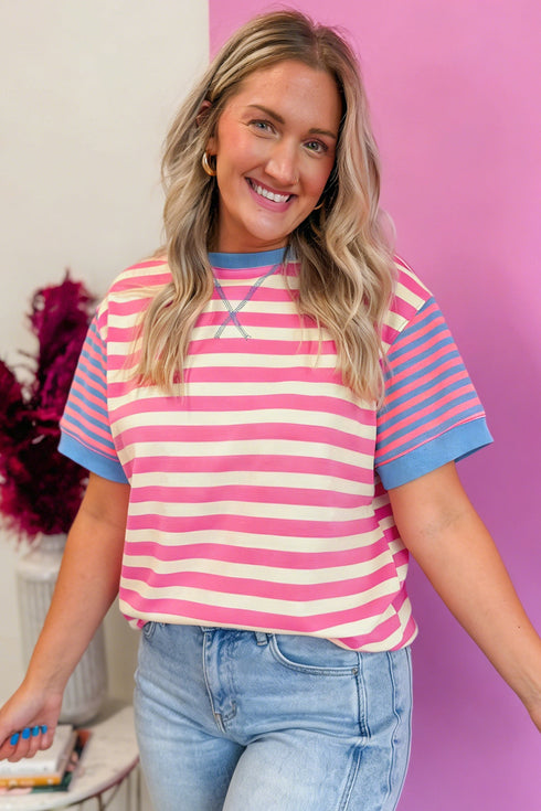 Stripe Print Contrast Patchwork Short Sleeve Loose Tee