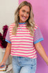 Stripe Print Contrast Patchwork Short Sleeve Loose Tee