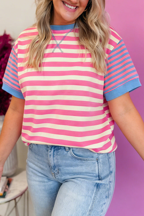 Stripe Print Contrast Patchwork Short Sleeve Loose Tee