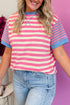 Stripe Print Contrast Patchwork Short Sleeve Loose Tee