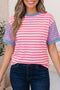 Stripe Print Contrast Patchwork Short Sleeve Loose Tee
