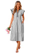 Stripe Print Contrast Trim A Line Flutter Sleeve Midi Dress