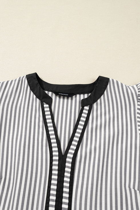 Stripe Print Contrast Trim A Line Flutter Sleeve Midi Dress