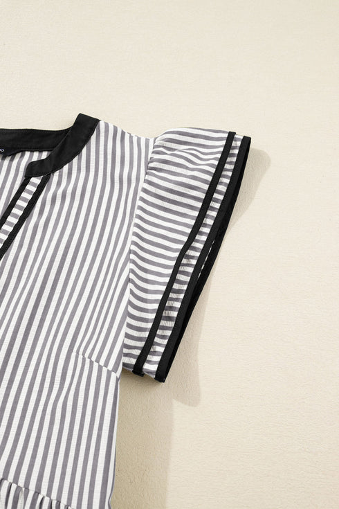 Stripe Print Contrast Trim A Line Flutter Sleeve Midi Dress