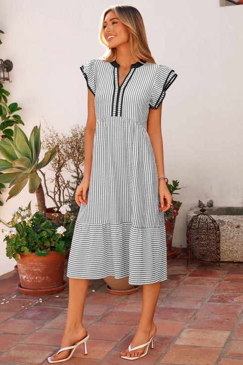 Stripe Print Contrast Trim A Line Flutter Sleeve Midi Dress
