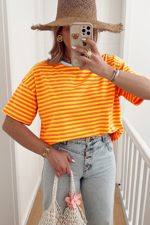 Stripe Print Contrast Trim Crew Neck Drop Shoulder Loose Tee