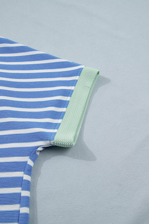 Stripe Print Contrast Trim Loose Short Sleeve Top
