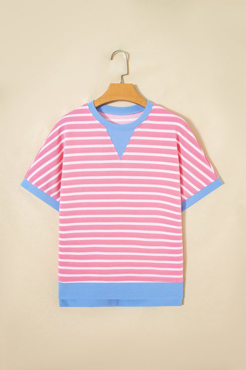 Stripe Print Contrast Trim Loose Short Sleeve Top