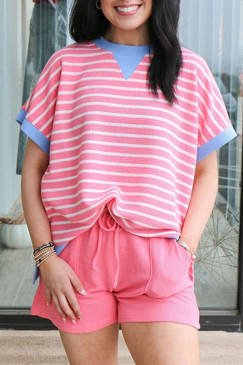 Stripe Print Contrast Trim Loose Short Sleeve Top