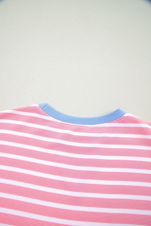 Stripe Print Contrast Trim Loose Short Sleeve Top