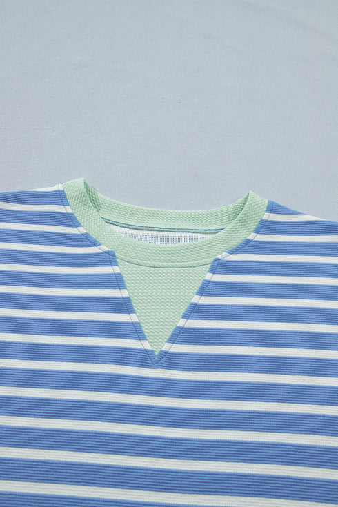 Stripe Print Contrast Trim Loose Short Sleeve Top