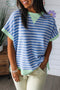 Stripe Print Contrast Trim Loose Short Sleeve Top