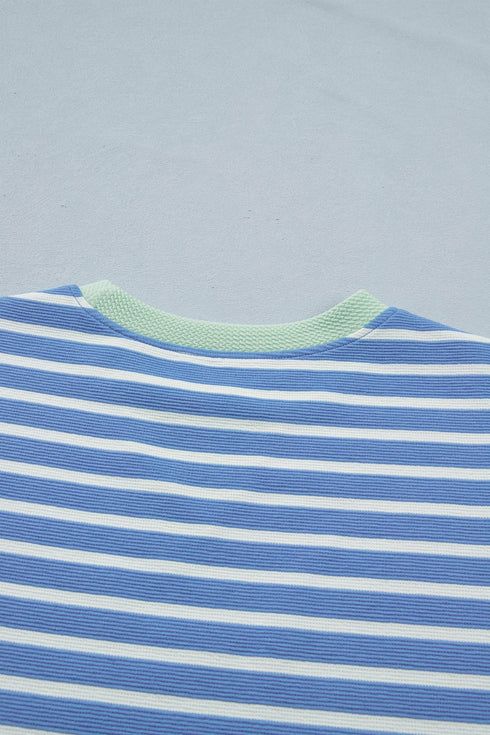 Stripe Print Contrast Trim Loose Short Sleeve Top