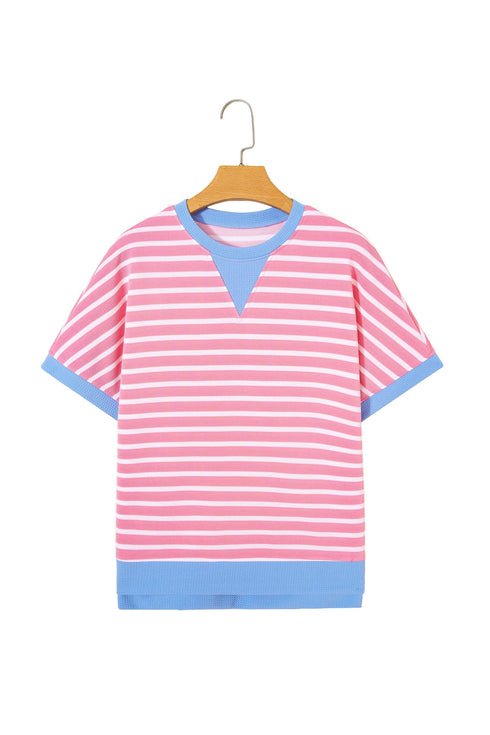 Stripe Print Contrast Trim Loose Short Sleeve Top