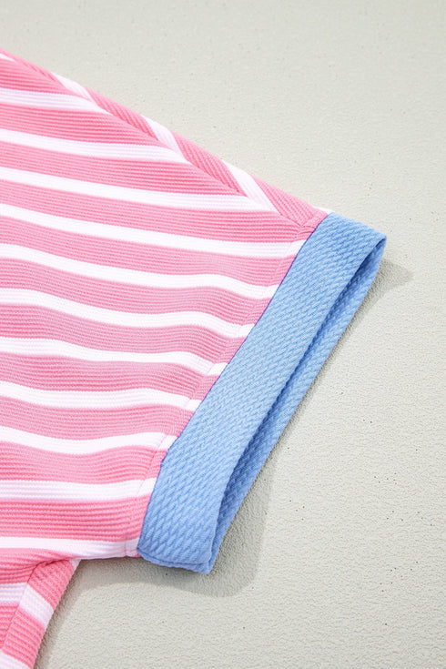 Stripe Print Contrast Trim Loose Short Sleeve Top