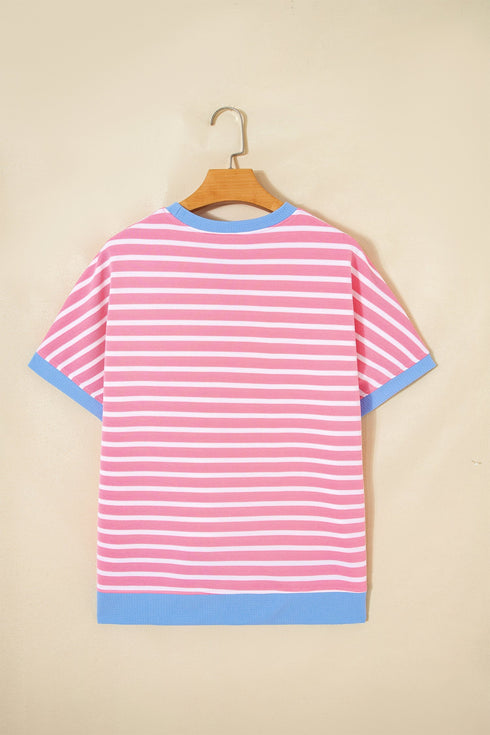 Stripe Print Contrast Trim Loose Short Sleeve Top