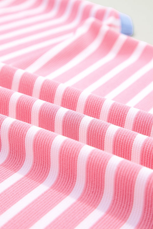 Stripe Print Contrast Trim Loose Short Sleeve Top