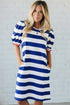 Stripe Print Contrast Trim Puff Sleeve Shift Mini Dress