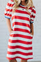Stripe Print Contrast Trim Puff Sleeve Shift Mini Dress