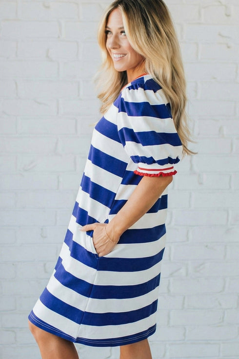 Stripe Print Contrast Trim Puff Sleeve Shift Mini Dress