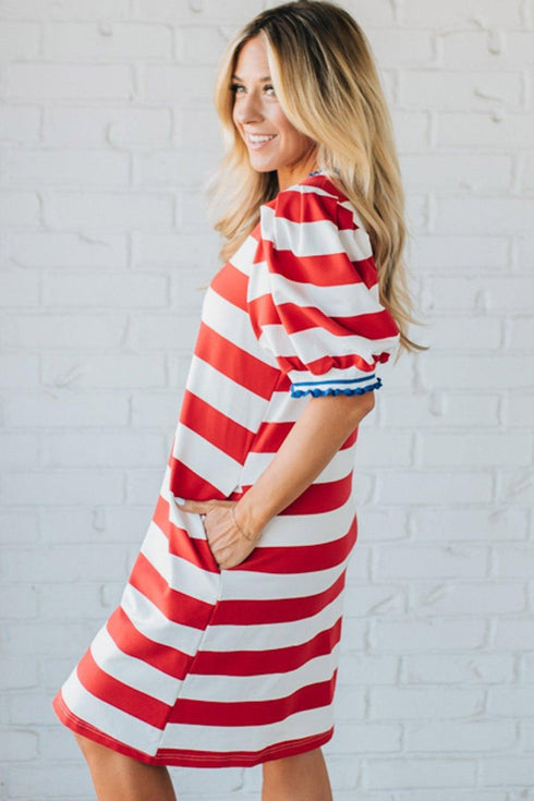 Stripe Print Contrast Trim Puff Sleeve Shift Mini Dress