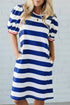 Stripe Print Contrast Trim Puff Sleeve Shift Mini Dress