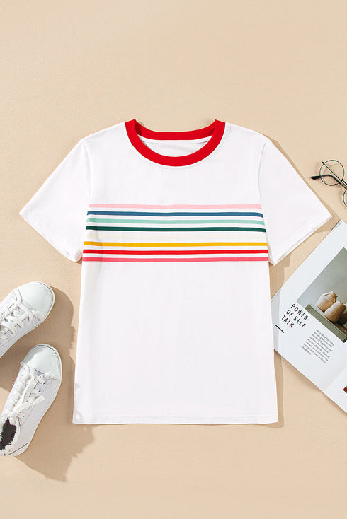 Stripe Print Contrast Trim Short Sleeve Cotton Blend Shirt