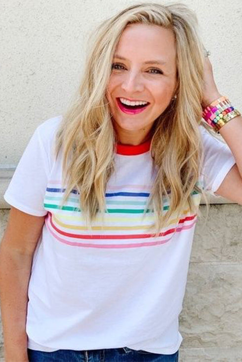 Stripe Print Contrast Trim Short Sleeve Cotton Blend Shirt