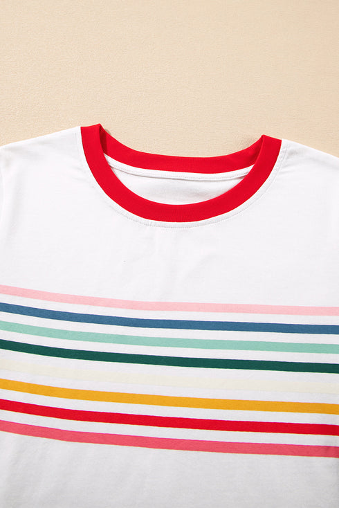 Stripe Print Contrast Trim Short Sleeve Cotton Blend Shirt