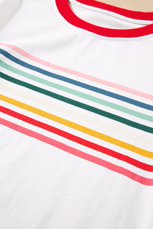 Stripe Print Contrast Trim Short Sleeve Cotton Blend Shirt