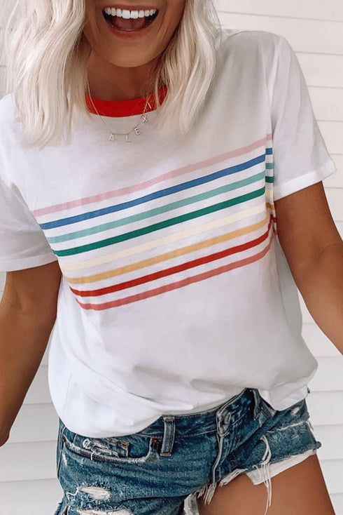 Stripe Print Contrast Trim Short Sleeve Cotton Blend Shirt