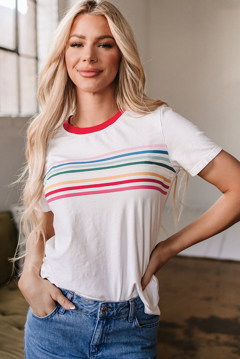 Stripe Print Contrast Trim Short Sleeve Cotton Blend Shirt