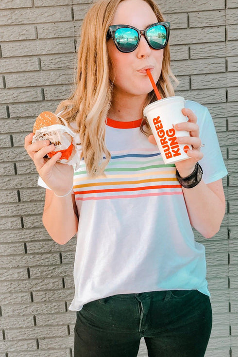 Stripe Print Contrast Trim Short Sleeve Cotton Blend Shirt