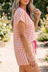 Stripe Print Contrast Trim V Neck Drawstring Short Set