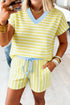 Stripe Print Contrast Trim V Neck Drawstring Short Set