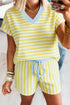 Stripe Print Contrast Trim V Neck Drawstring Short Set