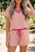 Stripe Print Contrast Trim V Neck Drawstring Short Set