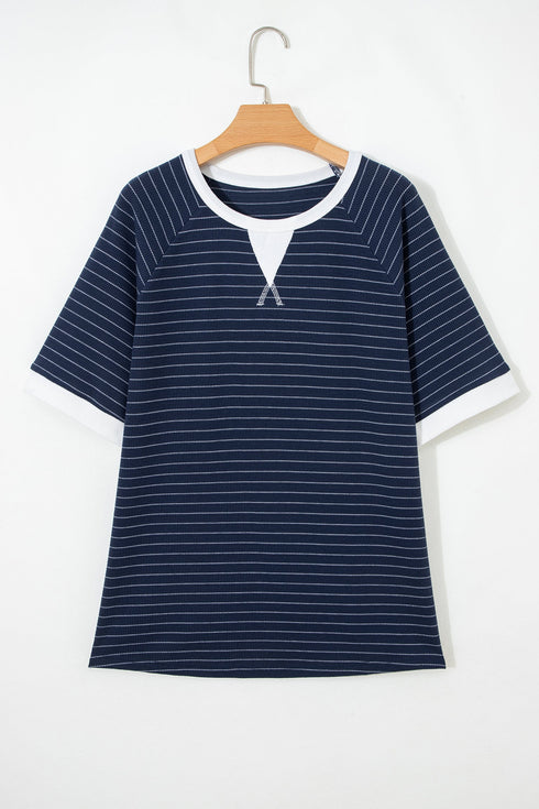 Stripe Print Contrast Trim Waffle Knit Tee