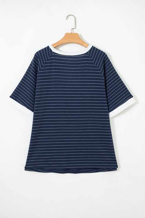 Stripe Print Contrast Trim Waffle Knit Tee