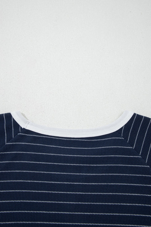 Stripe Print Contrast Trim Waffle Knit Tee