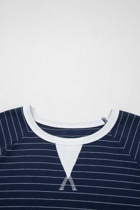 Stripe Print Contrast Trim Waffle Knit Tee