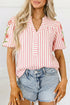 Stripe Print Floral Embroidered Puff Sleeve V Neck Blouse